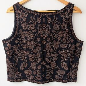 90s Cartise Beaded Black and Bronze Floral Crop Top